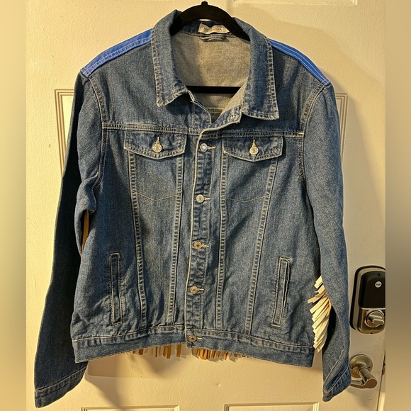 Thunderbird Print Jean Jacket Vegan Leather Fringe Colorful Eagle Western Boho - Picture 5 of 15